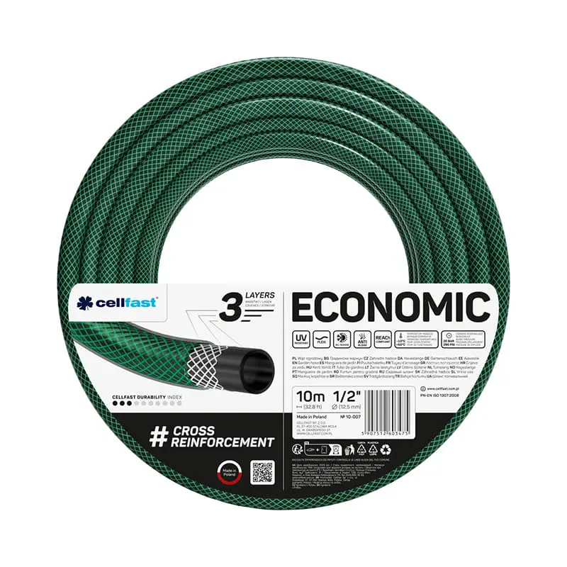 Wąż do Wody 1/2" - Zbrojony, 3-Warstwowy, Zielony, Rolka 10Mb - Economic 10-007C Szybka wysyłka